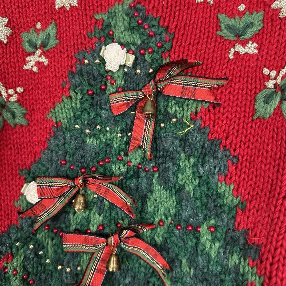 Vintage Tiara International Red Christmas Tree Sweater Girls Size 6X Embellished